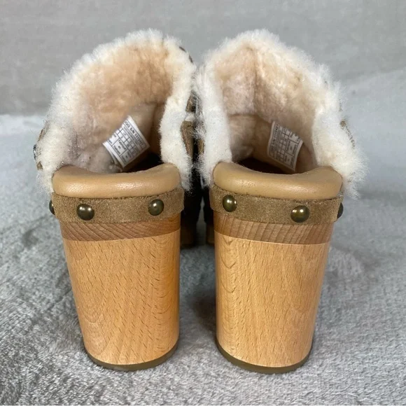 UGG Aubriana Mule Womens Heel Boots 5 Chestnut Suede Sheepskin Lined Studded NEW - Picture 7 of 13